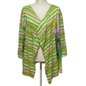 Onque Woman Open Front Wrap Jacket 2X Green Boho Festival Lace Tropical Striped